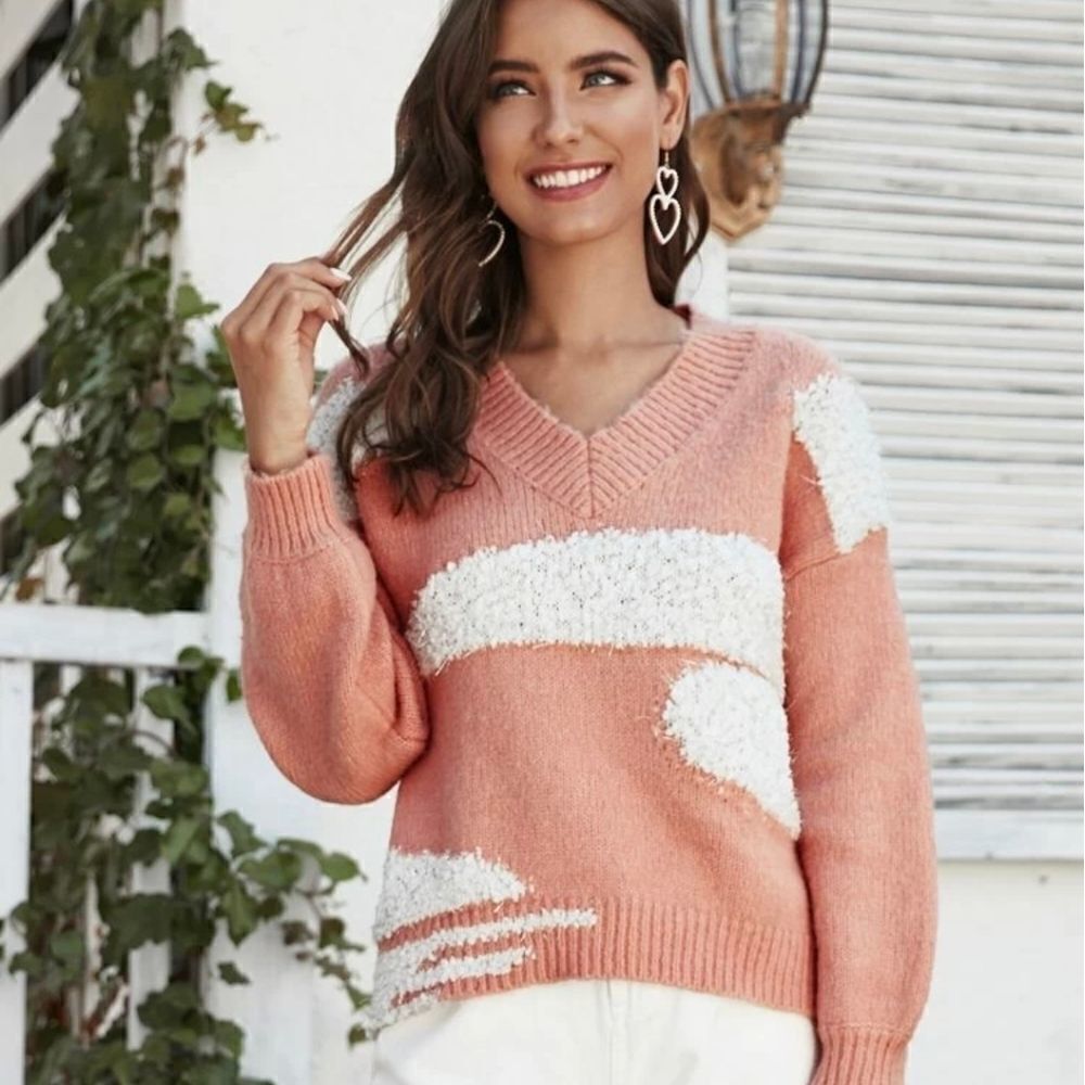Shein Drop Shoulder Colorblock Fuzzy Sweater size Mediun blush pink sweater